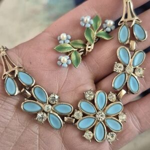 Vintage Blue Enamel Rhinestone Flower Butterfly Necklace & Forget Me Knot Earrþ